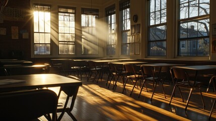 A sunlit classroom with empty desks and warm rays illuminating the space.