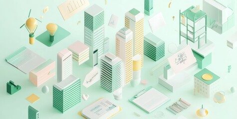 A pastel-colored 3D cityscape with buildings, documents, and creative elements.