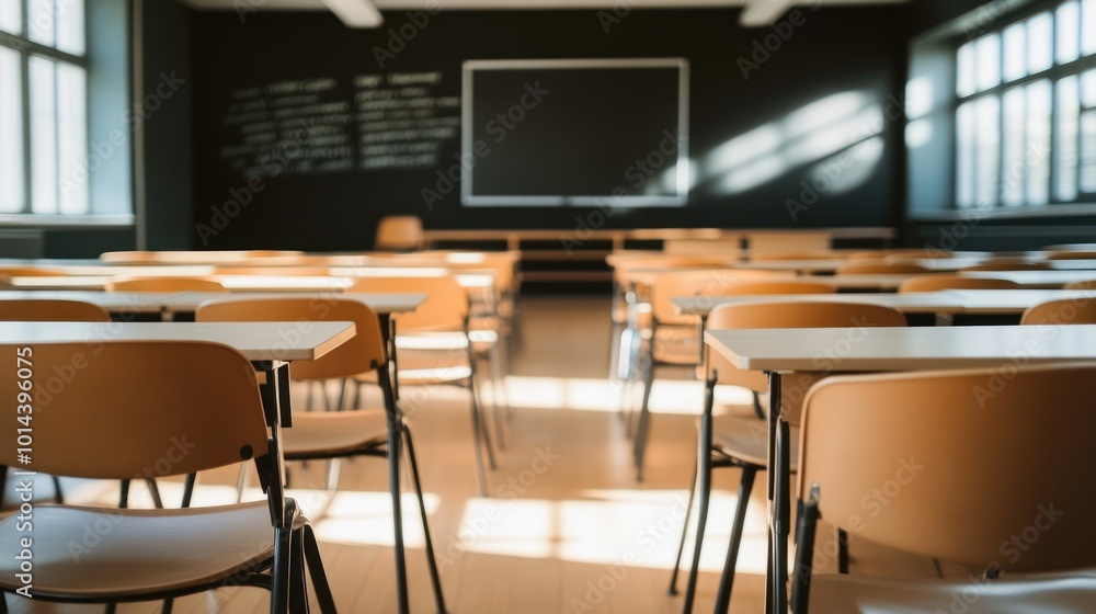 Poster a classroom with empty desks and a blackboard, illuminated by natural light.