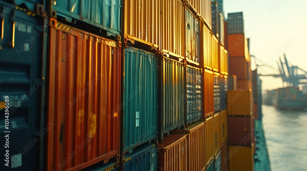 Sticker A close-up view of stacked shipping containers at a port during sunset.