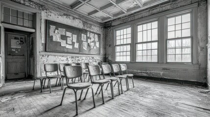 An abandoned classroom with empty chairs and peeling walls, evoking a sense of nostalgia.