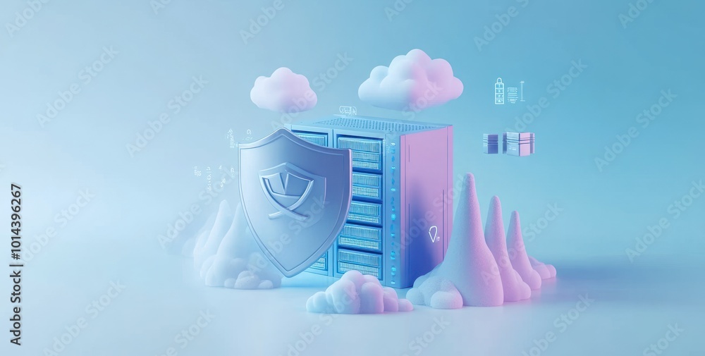 Poster a digital illustration of a secure server with protective shield and cloud elements.