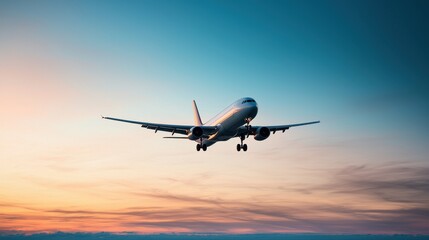 Naklejka premium Airplane flying against a vibrant sunset sky, showcasing travel and adventure.