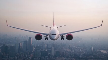 Airplane flying over a city skyline at sunset, with a scenic view of the urban landscape.