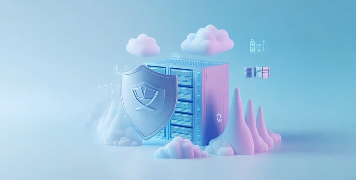 A digital illustration of a secure server with protective shield and cloud elements.