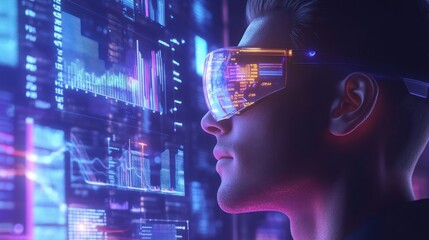 A person wearing futuristic glasses, engaged with digital data and analytics.