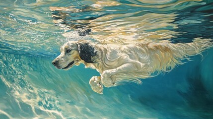 Obraz premium A golden retriever swims gracefully underwater, capturing the joy of playfulness.