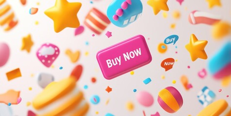 Colorful 3D icons with a prominent "Buy Now" button, suggesting online shopping and engagement.