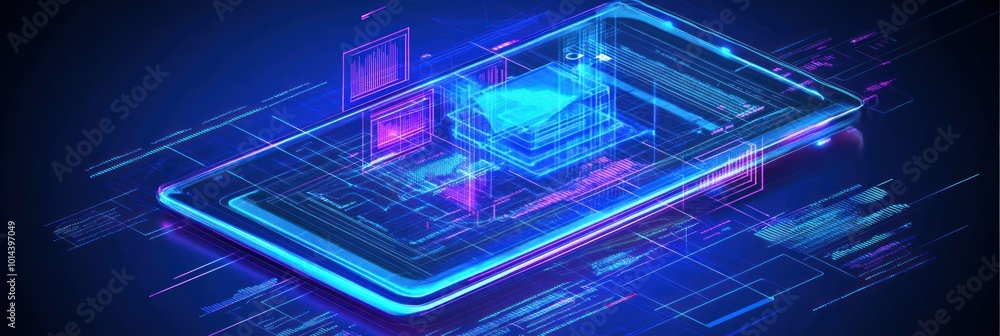 Poster a futuristic smartphone illustration with digital elements and data visualization.