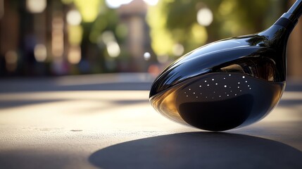 Close-up of a golf club head on pavement.