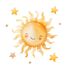 Illustration of a cute sun with stars for the design of children's products. Watercolor illustration in pastel colors.