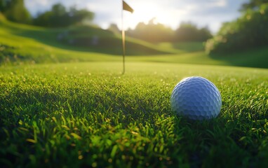 Obraz premium Golf ball near the flag on a green.
