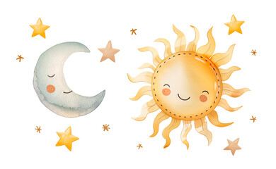 Illustration of a cute sun with moon and stars for the design of children's products. Watercolor illustration in pastel colors.