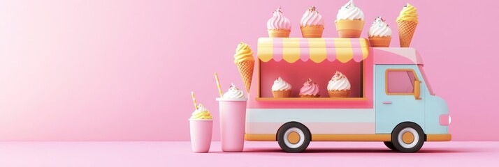 Obraz premium A colorful ice cream truck with cones and cups, set against a pink background.