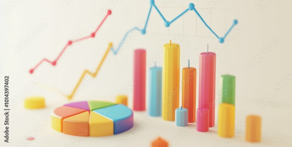 Poster colorful data visualization with graphs, charts, and bars representing business metrics.