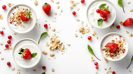 From above delicious homemade yogurt with strawberries