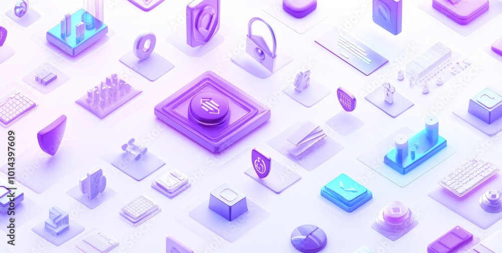 Aufkleber abstract digital icons representing technology and security in a colorful arrangement.