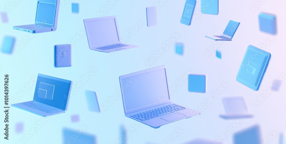Poster abstract illustration of floating laptops in a gradient background.
