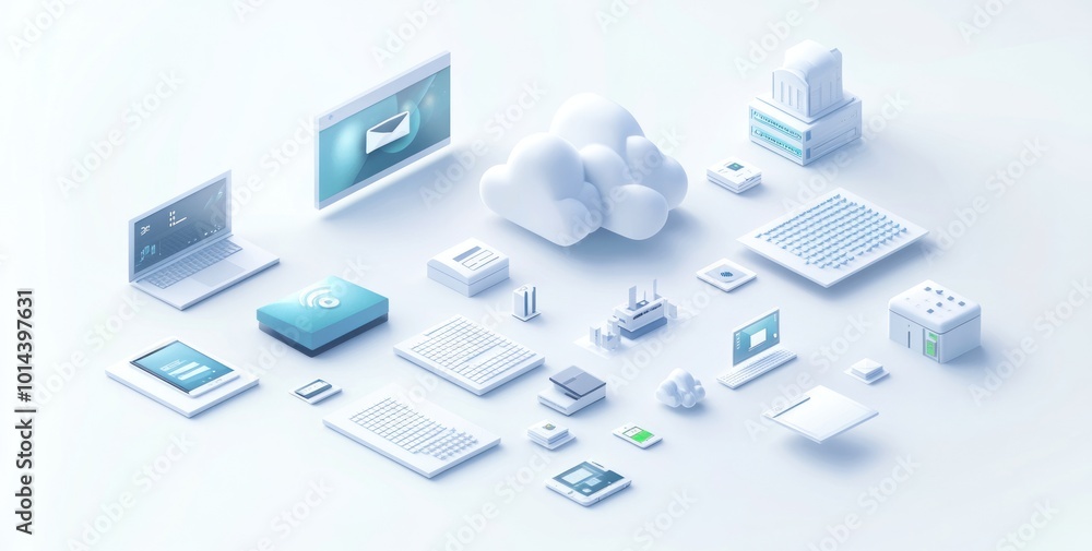 Poster digital illustration of cloud computing and technology devices in a minimalist style.