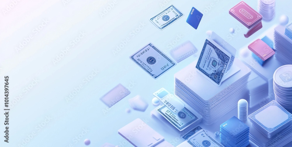 Poster abstract representation of currency and financial elements in a digital space.
