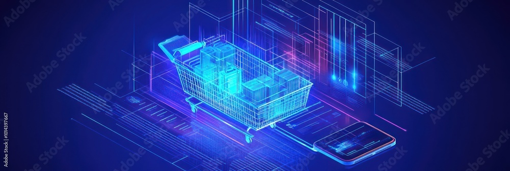 Poster digital shopping cart with data visualization elements, symbolizing e-commerce and technology.