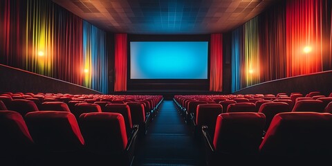 Empty movie theater with red seats and a large screen.