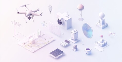 A collection of technology-related items including a drone, camera, and solar panel.