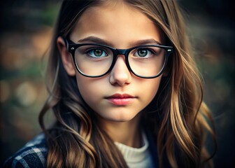 Fototapeta premium Charming close-up of a girl with glasses, featuring spacious copy options. Ideal for topics surrounding eye health,