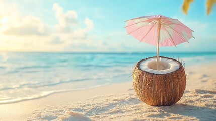 tropical summer relax pastel background Coconut drink with umbrella, beach background