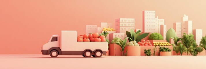 A stylized truck loaded with produce in a vibrant urban setting.