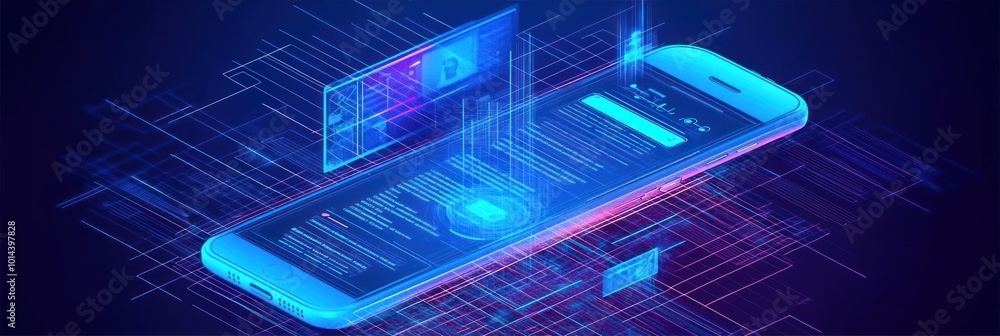 Poster a futuristic smartphone displaying digital data and holographic elements.
