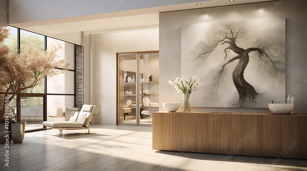 Aufkleber a serene and modern spa reception area with minimalist design elements.