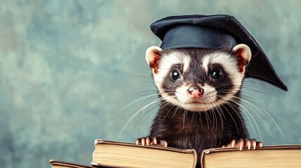 A cute ferret in a graduation cap poses atop a stack of books, blending education with charm.
