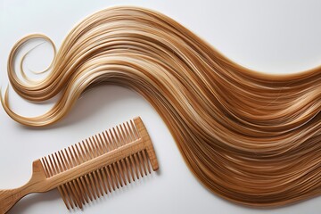 Wooden comb and strand of blonde hair on white background