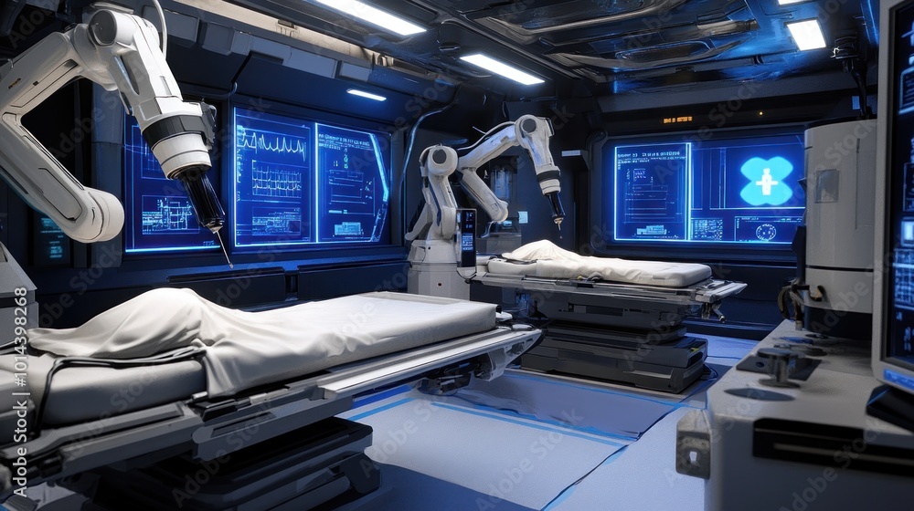 Canvas Prints A futuristic medical room with robotic arms and advanced technology for patient care.