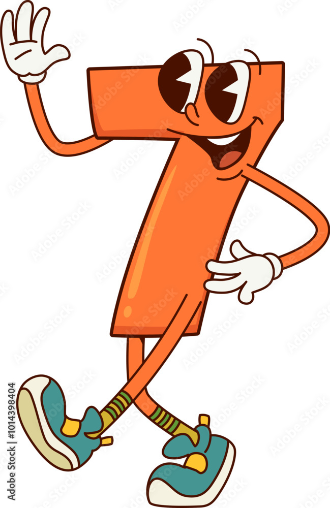 Poster cartoon groovy number seven character. isolated vector playful and funky 7 figure with big round eye