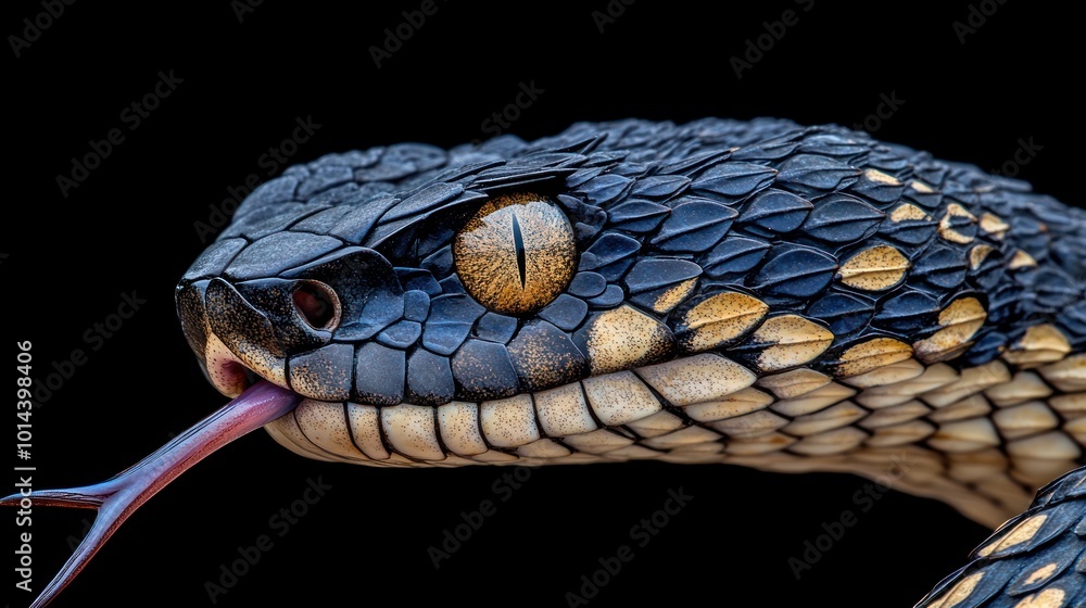 Poster close-up of a snake with intricate scales and a flicking tongue against a dark background.