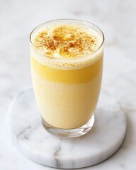 A creamy yellow smoothie topped with spices, served in a clear glass on a marble coaster.