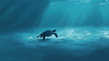 Obraz premium A serene underwater scene featuring a turtle swimming in tranquil blue waters.