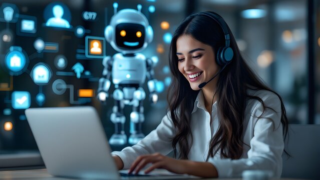 Woman Working with AI Robot in Futuristic Office