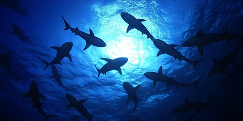 Fototapeta premium A school of sharks silhouetted against a bright blue ocean with sunlight breaking through the surface.