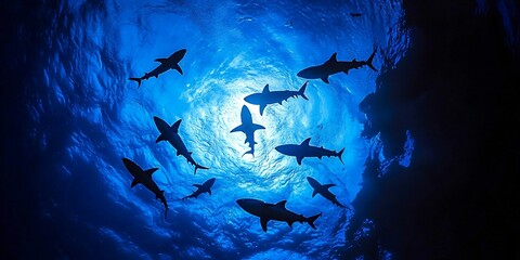 Fototapeta premium A school of sharks swim through the blue waters, their silhouettes clearly visible against the sunlight.