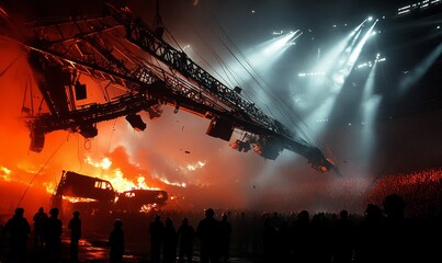 Firefighters watch stage collapse in flames.