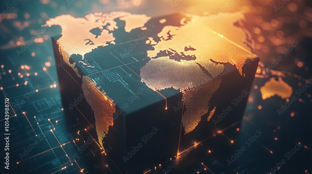 Poster a stylized 3d map of the world with digital elements, symbolizing technology and connectivity.