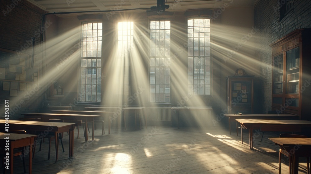 Poster A sunlit classroom with rays illuminating wooden desks and a serene atmosphere.