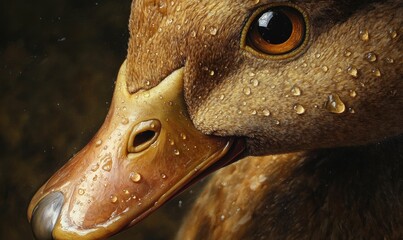 Close up of a duck's wet beak and eye.