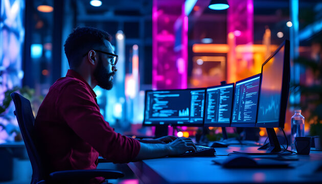 Software Developer Coding in Modern Office at Night