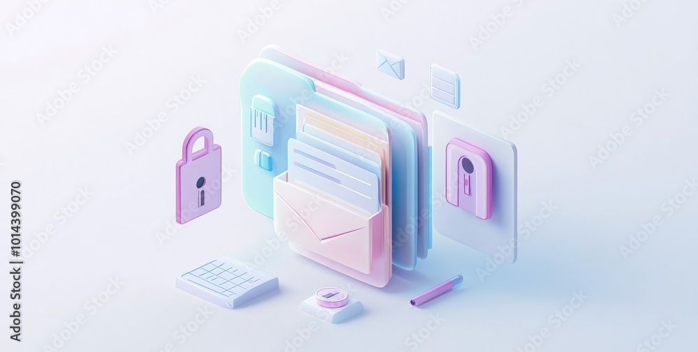 Poster a digital illustration of secure document management with envelopes and a lock.
