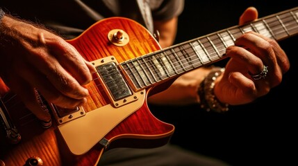 Obraz premium Close-up of hands playing an electric guitar, showcasing musical passion and artistry.