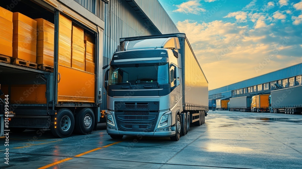 Canvas Prints A truck parked at a loading dock with containers in a warehouse setting during sunset.